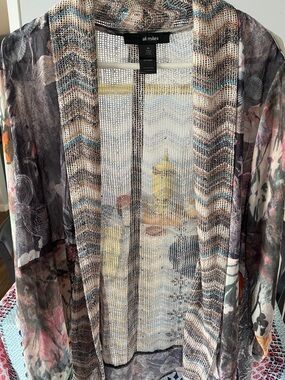 Ali Miles Multicolor Sheer Floral Knit Duster - Neutral & Blue Accents